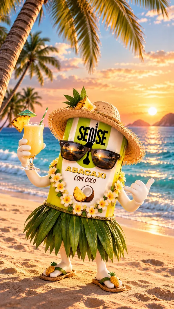 Mascote Abacaxi com Coco de chapéu de palha e colar havaiano na praia ao pôr do sol