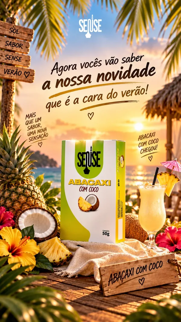 Caixa de Abacaxi com Coco Sense num deck de praia: a nossa novidade que é a cara do verão