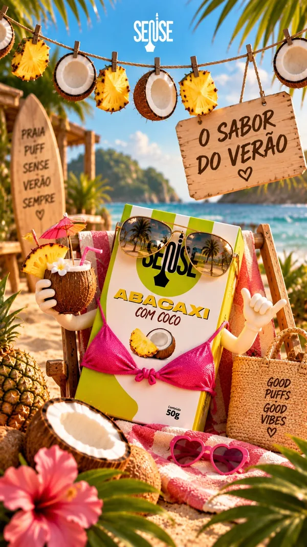 Mascote Abacaxi com Coco na praia: o sabor do verão