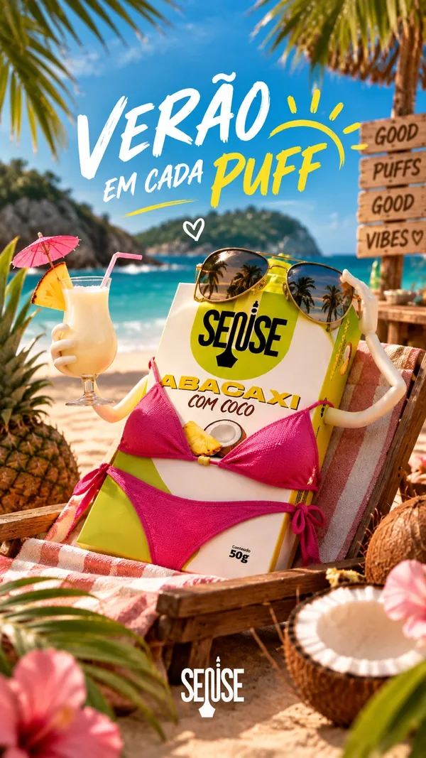 Mascote da caixa Abacaxi com Coco numa cadeira de praia: verão em cada puff